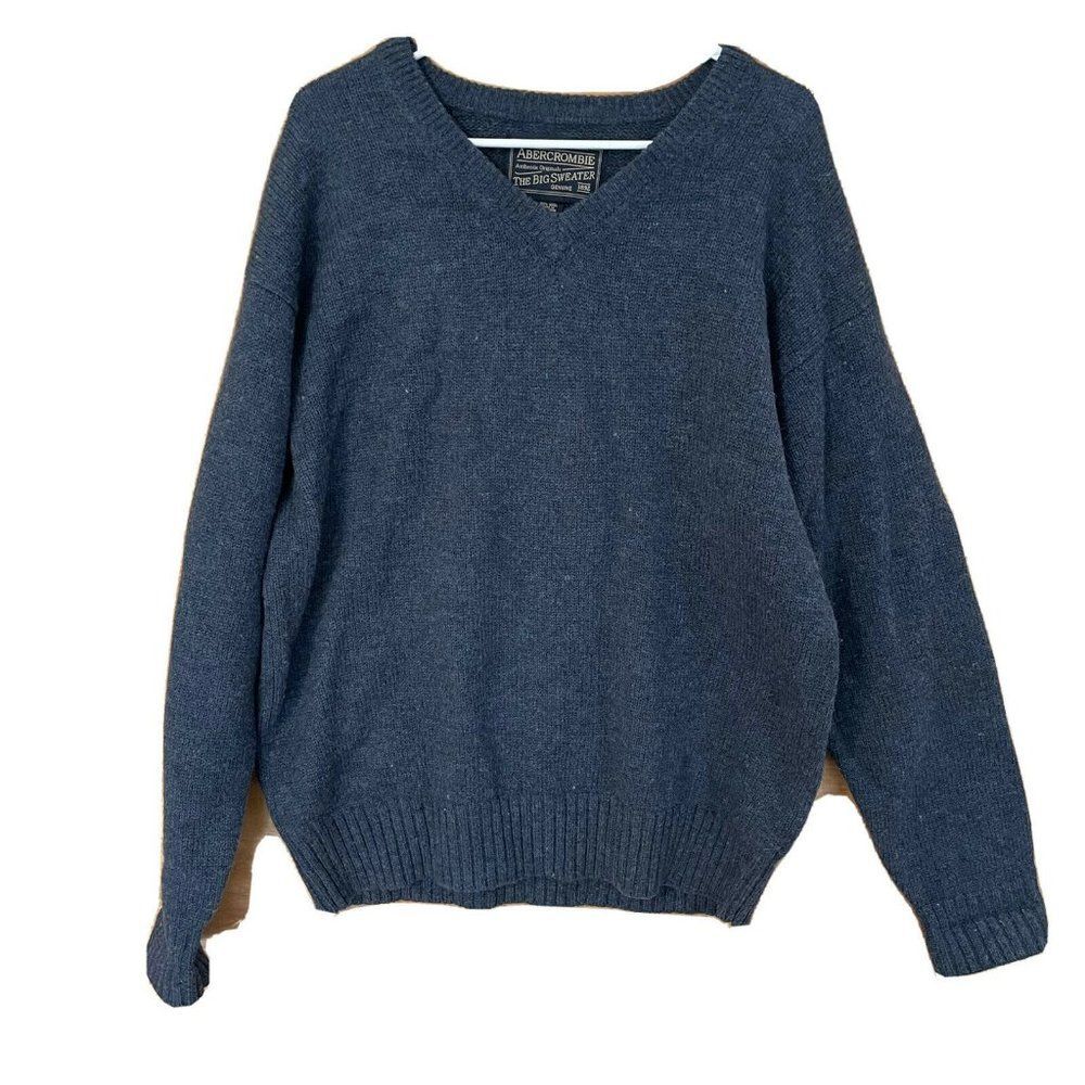 abercrombie mens large Solid Blue big sweater v neck cardigan wool pull over
